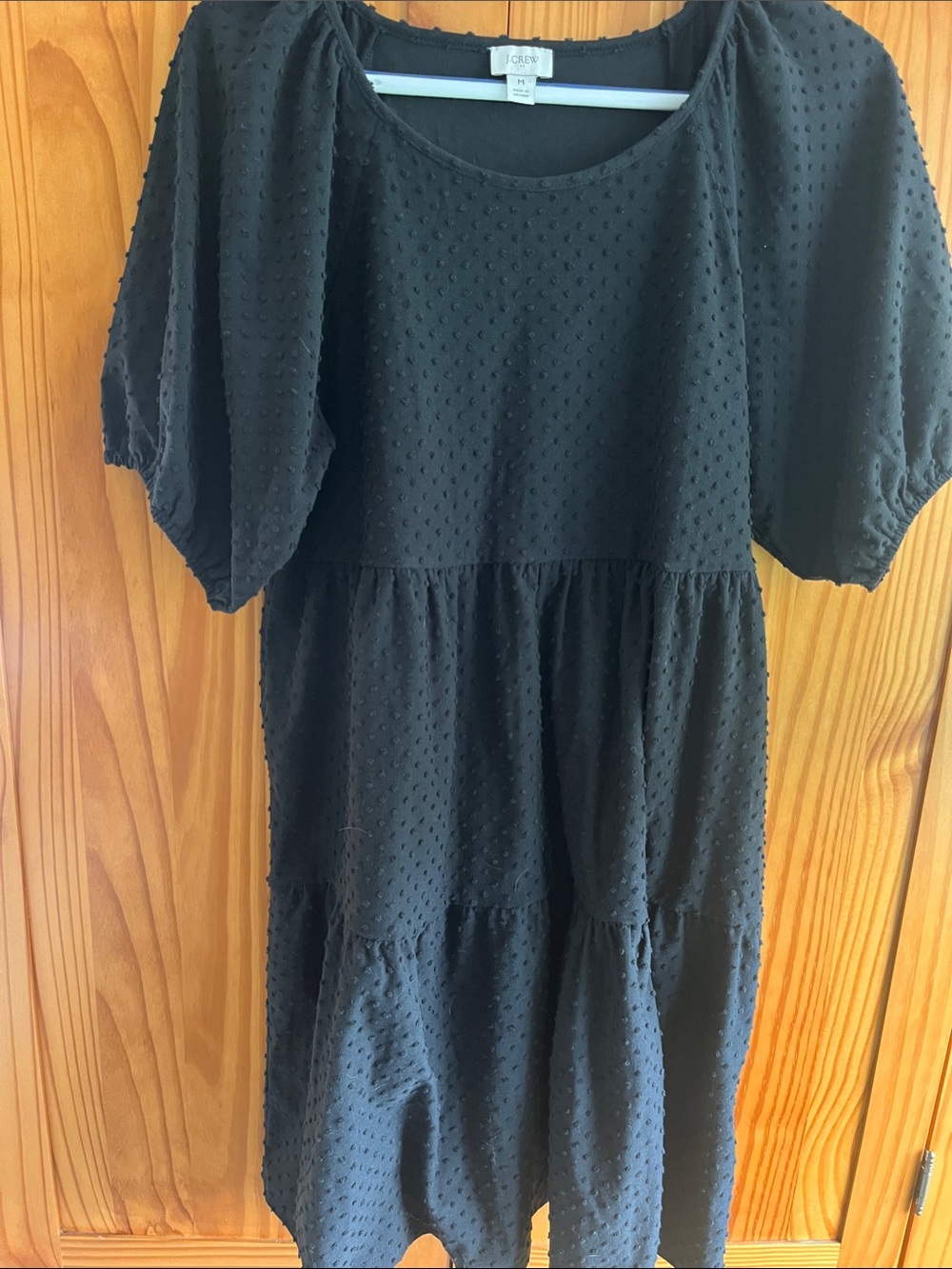 J. Crew Black Swiss Dot Tiered Midi Dress with Puff Sleeves